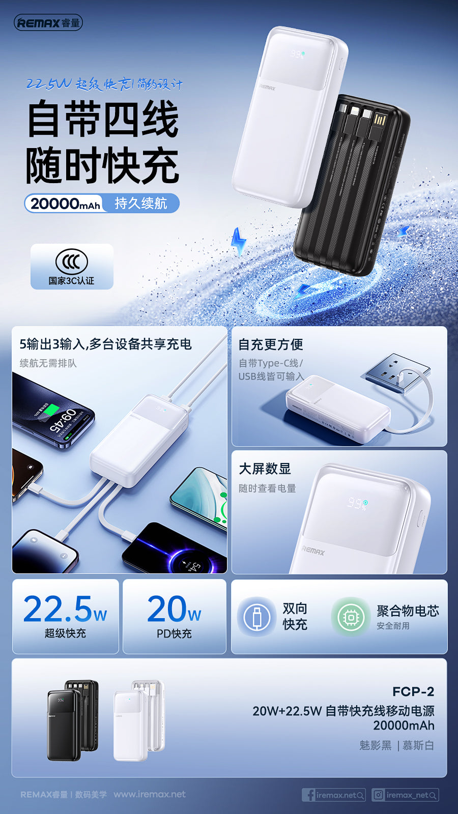 REMAX FCP-2 20000mAh Power Bank - 4 Built-in Cables, 22.5W Super Fast Charging, 20W PD, LED Display