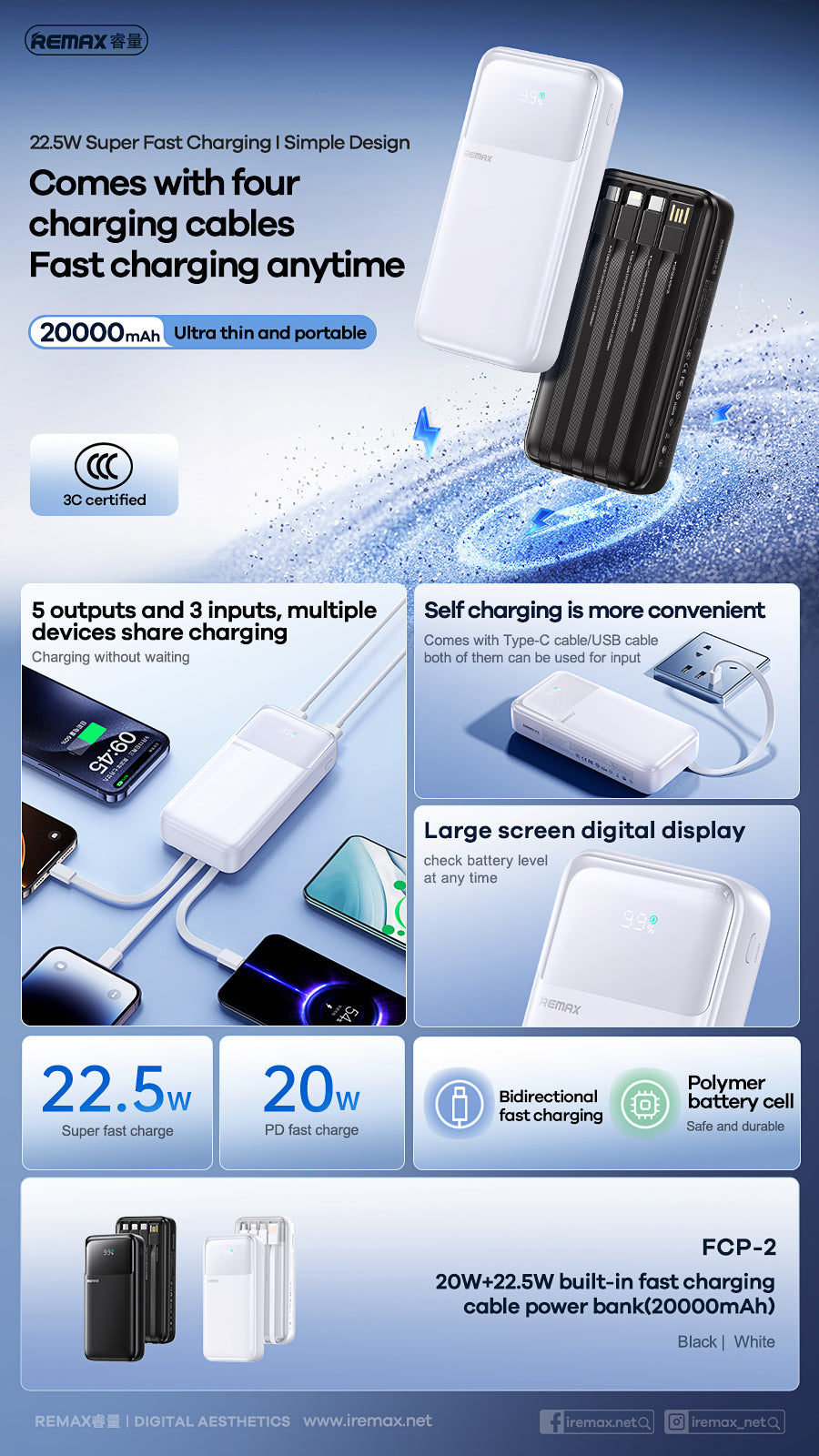 REMAX FCP-2 20000mAh Power Bank - 4 Built-in Cables, 22.5W Super Fast Charging, 20W PD, LED Display