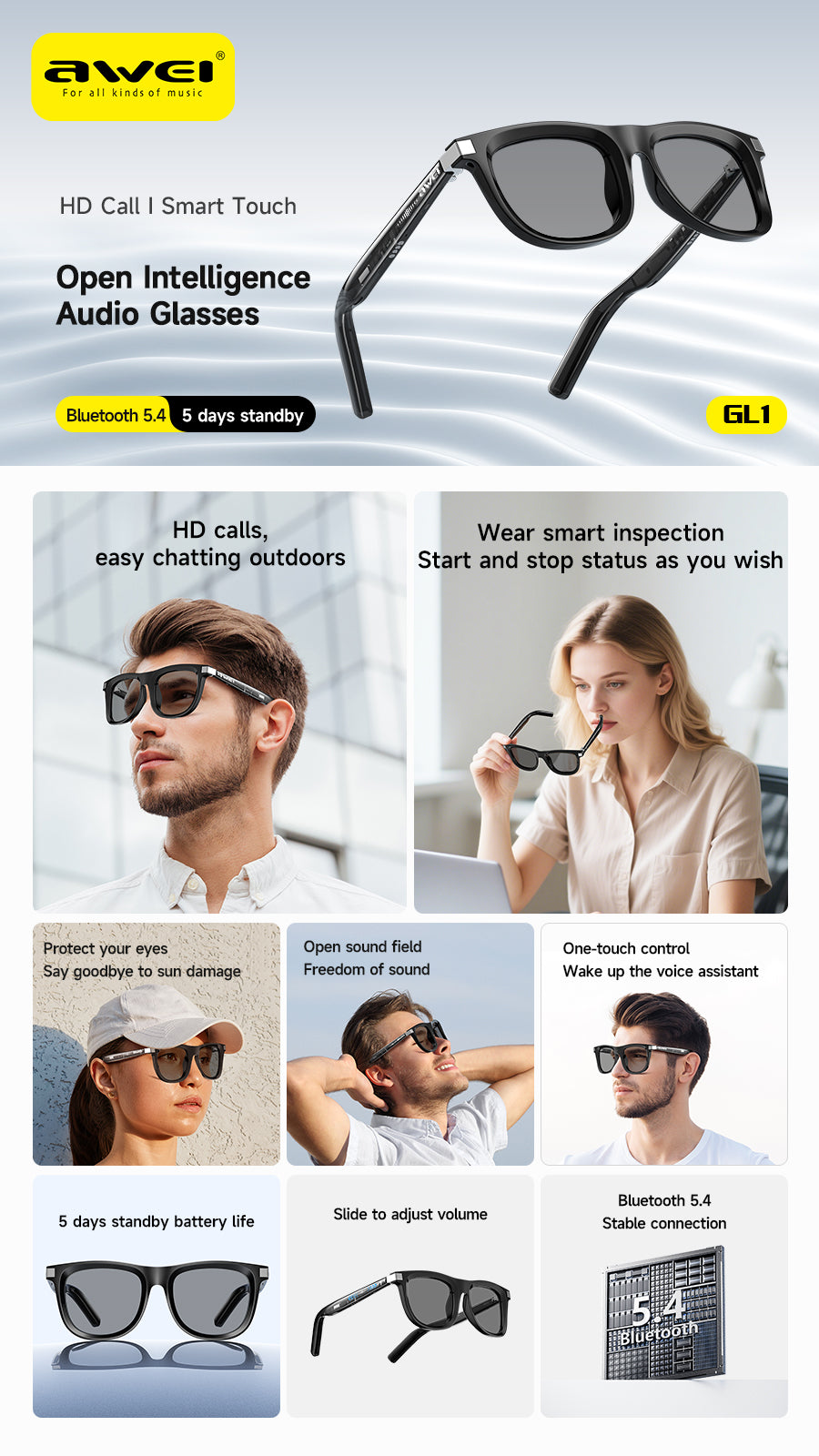 Awei GL1 Smart Audio Glasses - HD Calls, Wearing Detection, Voice Control, 7H Battery, UV400 Protection