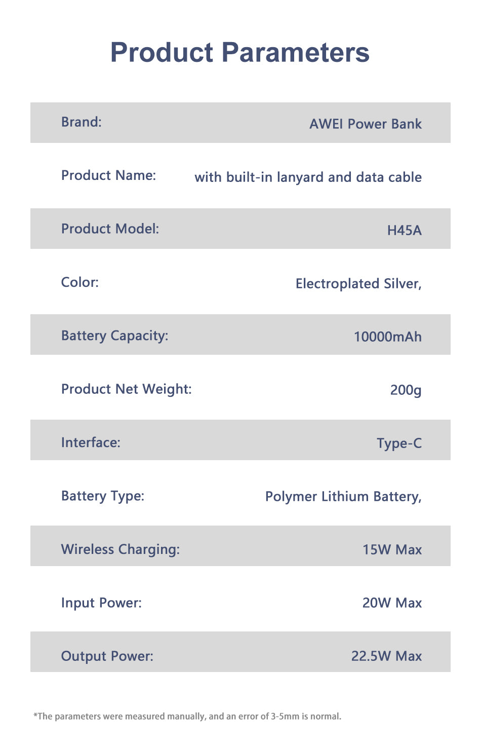 Awei H45A 3-in-1 Power Bank Station - 10000mAh, 22.5W Fast Charge, 10W Wireless, Built-in Stand & Cable