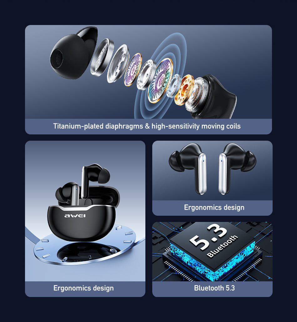 Awei T50 Sport True Wireless Earbuds - IPX6 Waterproof, 48H Playtime, ENC Calls, Low-Latency Gaming