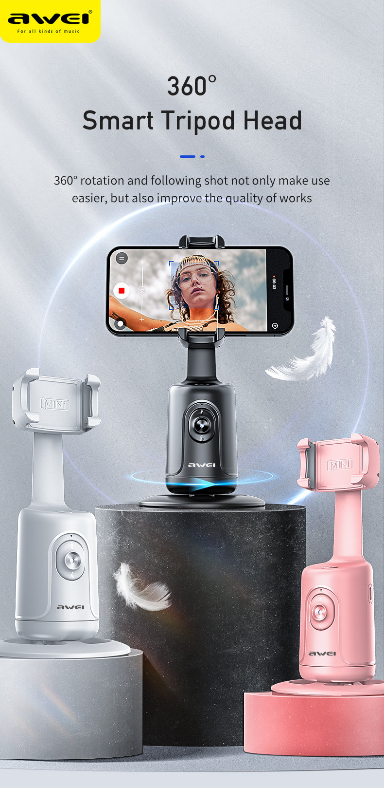 Awei X48 AI 360° Auto-Face Tracking Phone Holder - Gesture Control, No App Needed, for Content Creation