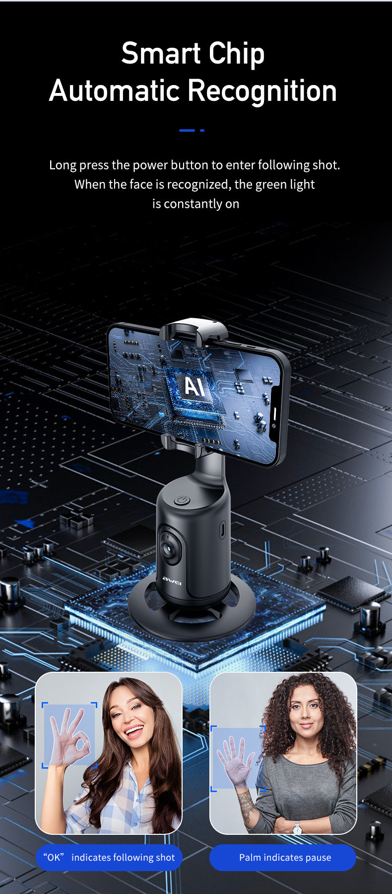 Awei X48 AI 360° Auto-Face Tracking Phone Holder - Gesture Control, No App Needed, for Content Creation