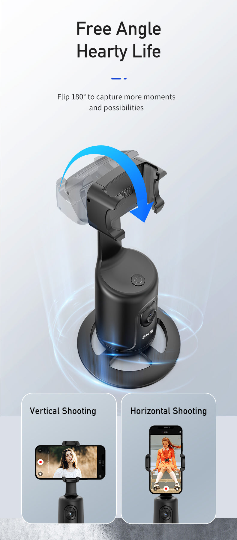 Awei X48 AI 360° Auto-Face Tracking Phone Holder - Gesture Control, No App Needed, for Content Creation