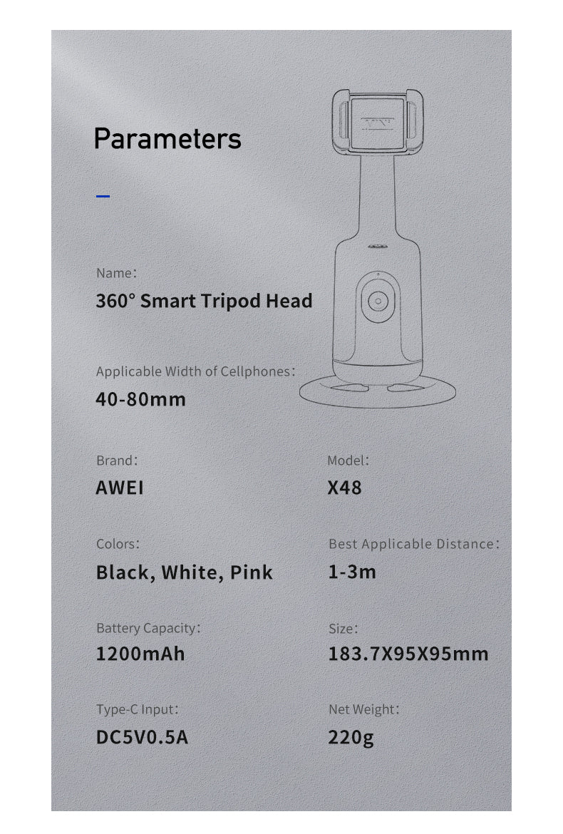 Awei X48 AI 360° Auto-Face Tracking Phone Holder - Gesture Control, No App Needed, for Content Creation
