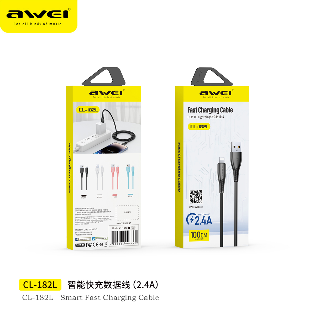 Awei CL-182L USB-A to Lightning Cable 100cm - 2.4A Fast Charging for iPhone & iPad