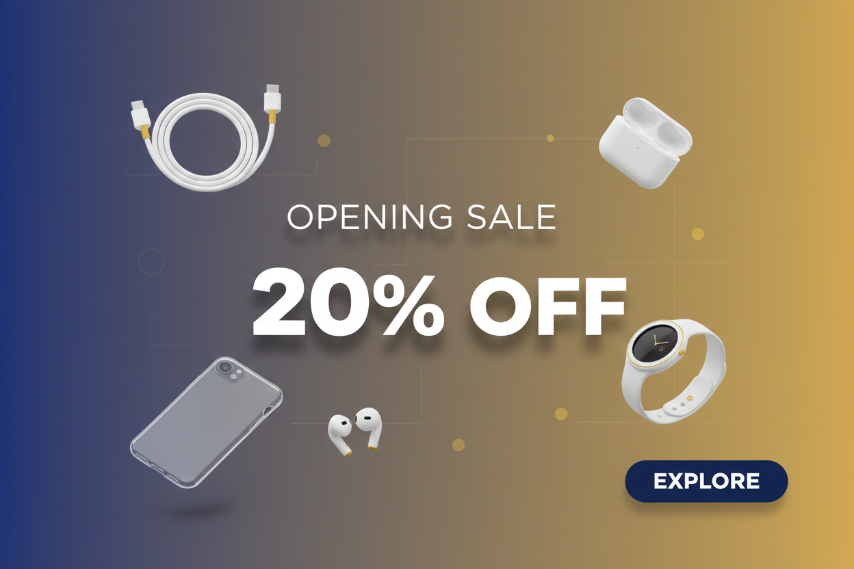 Clean sale banner 1900x540, dark blue and mustard low optimacity background (left: #1E3A8A, right: #FBBF24). Floating tech accessories (cable, case, power bank, earbuds, smart watch) in white with mustard highlights. Oversized "20% OFF". Modern sans-serif: "OPENING SALE". Dark blue floating button "EXPLORE" in bottom right. Minimalist, gradient, contemporary design.