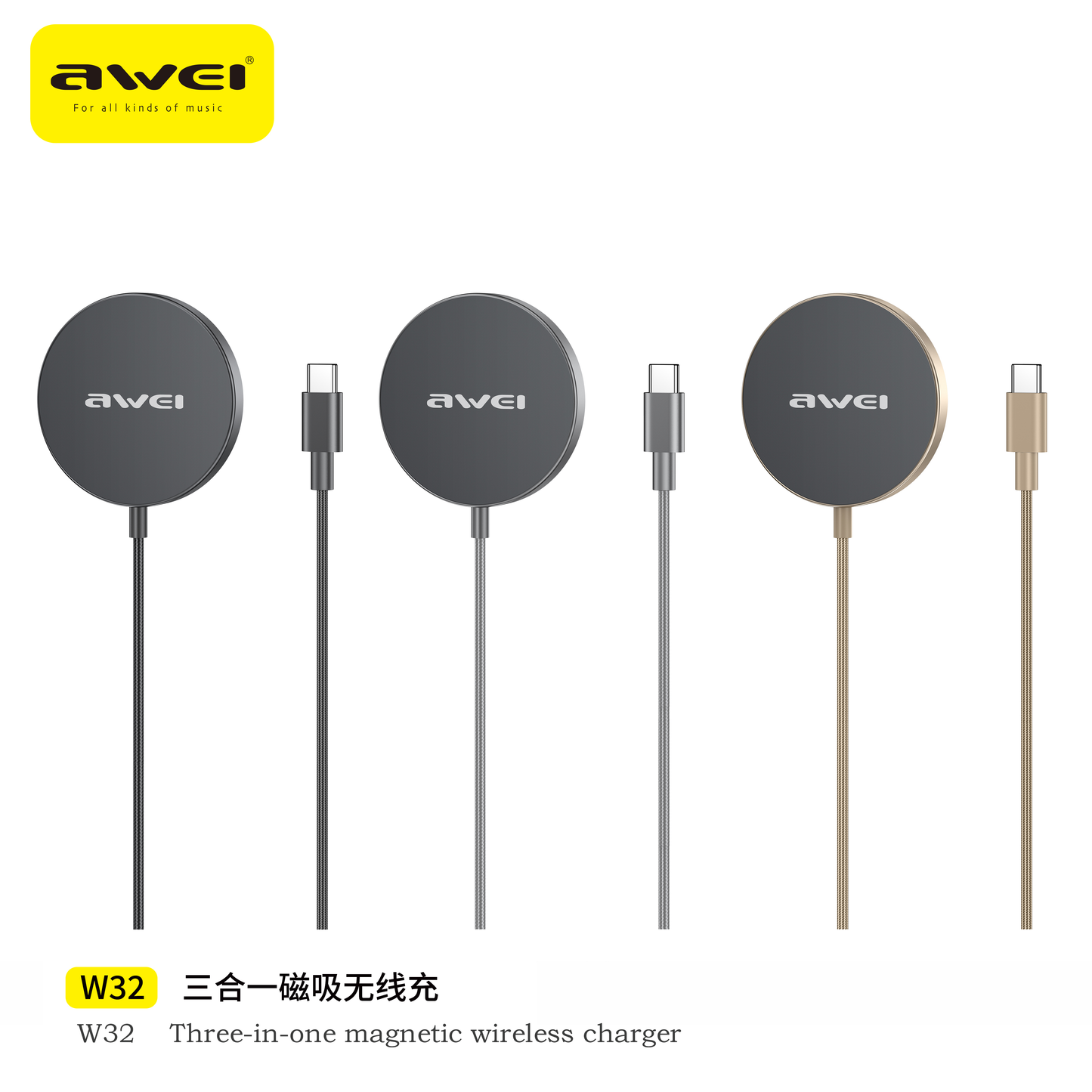Awei W32 3-in-1 Wireless Charger Station - 15W Fast Charging for iPhone, Apple Watch, AirPods