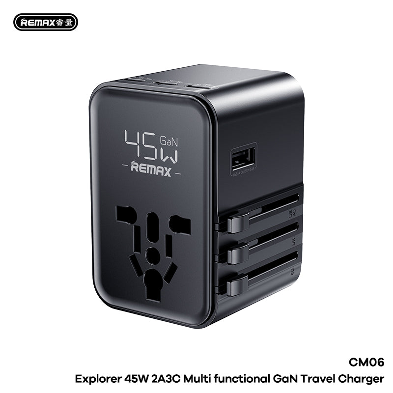 REMAX Explorer CM06 45W GaN Travel Charger - 2A+3C + AC Outlet, 6-in-1 Multi-Country Plug, Universal Travel Adapter