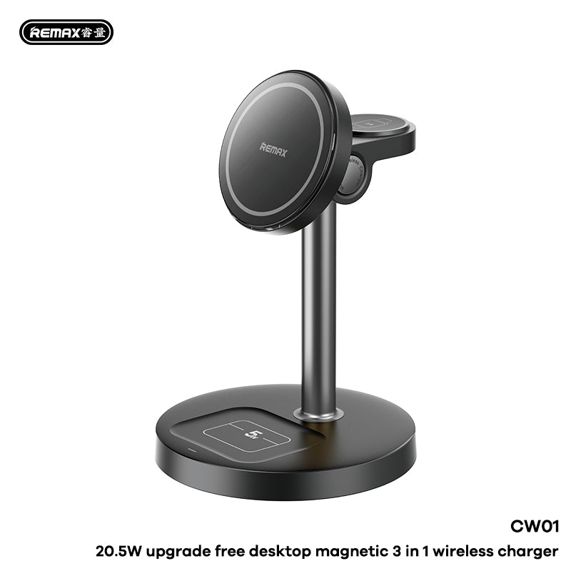 REMAX CW01 3-in-1 Magnetic Wireless Charger - 15W Fast Charging for iPhone, Apple Watch, AirPods - Desktop Stand