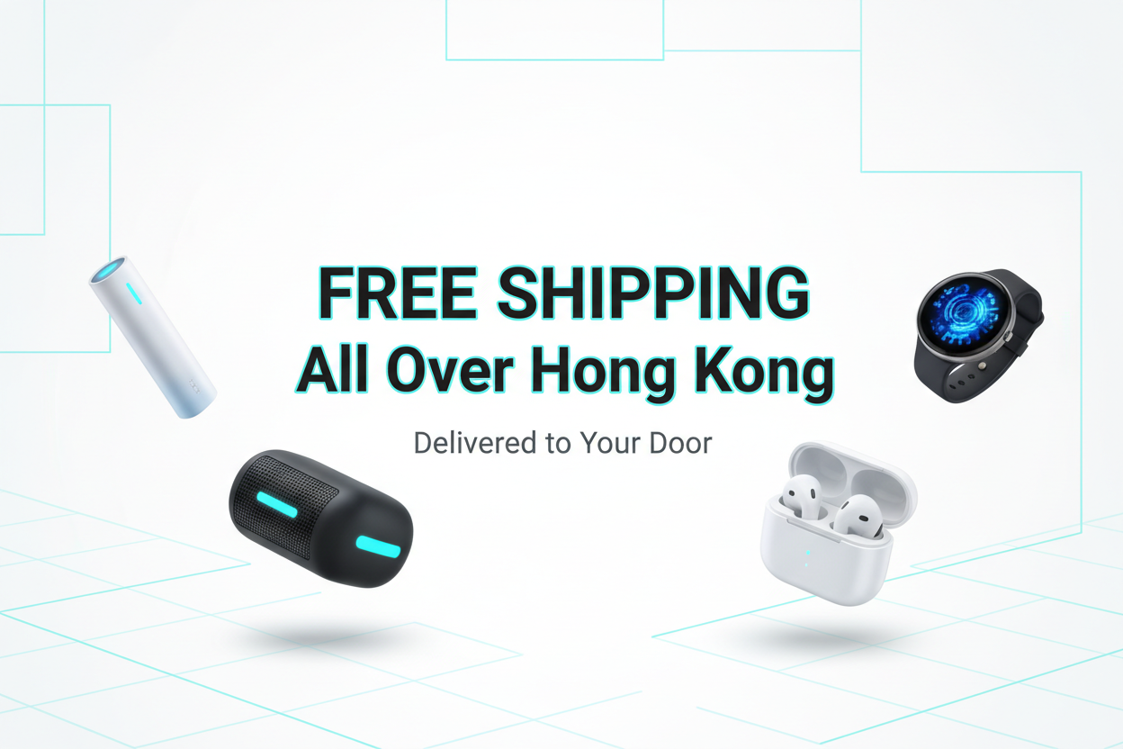 Minimalist e-commerce banner 1900x540, Hong Kong free shipping promotion. Background: clean  with geometric cyan grid lines. Foreground: floating 3D tech accessories (Powerbank, Speaker, earbuds, Smartwatch) with soft glow. Text: " FREE SHIPPING All Over Hong Kong" in bold geometric font. Bottom: "Delivered to Your Door" in smaller text. Modern, digital, tech-forward aesthetic. Professional advertisement style.
