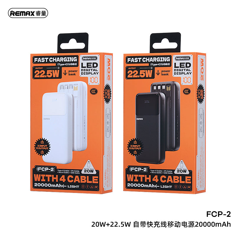 REMAX FCP-2 20000mAh Power Bank - 4 Built-in Cables, 22.5W Super Fast Charging, 20W PD, LED Display