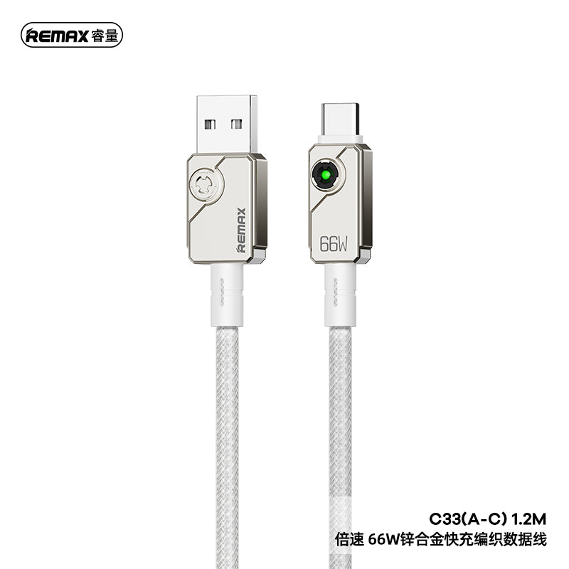 REMAX Swift C33 Braided Cable - USB-A to Type-C, 66W Fast Charging, Zinc Alloy, 1.2M