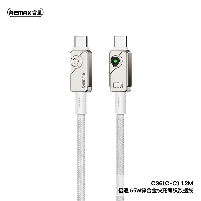 REMAX Swift C36 Braided Cable - Type-C to Type-C, 65W PD Fast Charging, Zinc Alloy, 1.2M (Black/White)